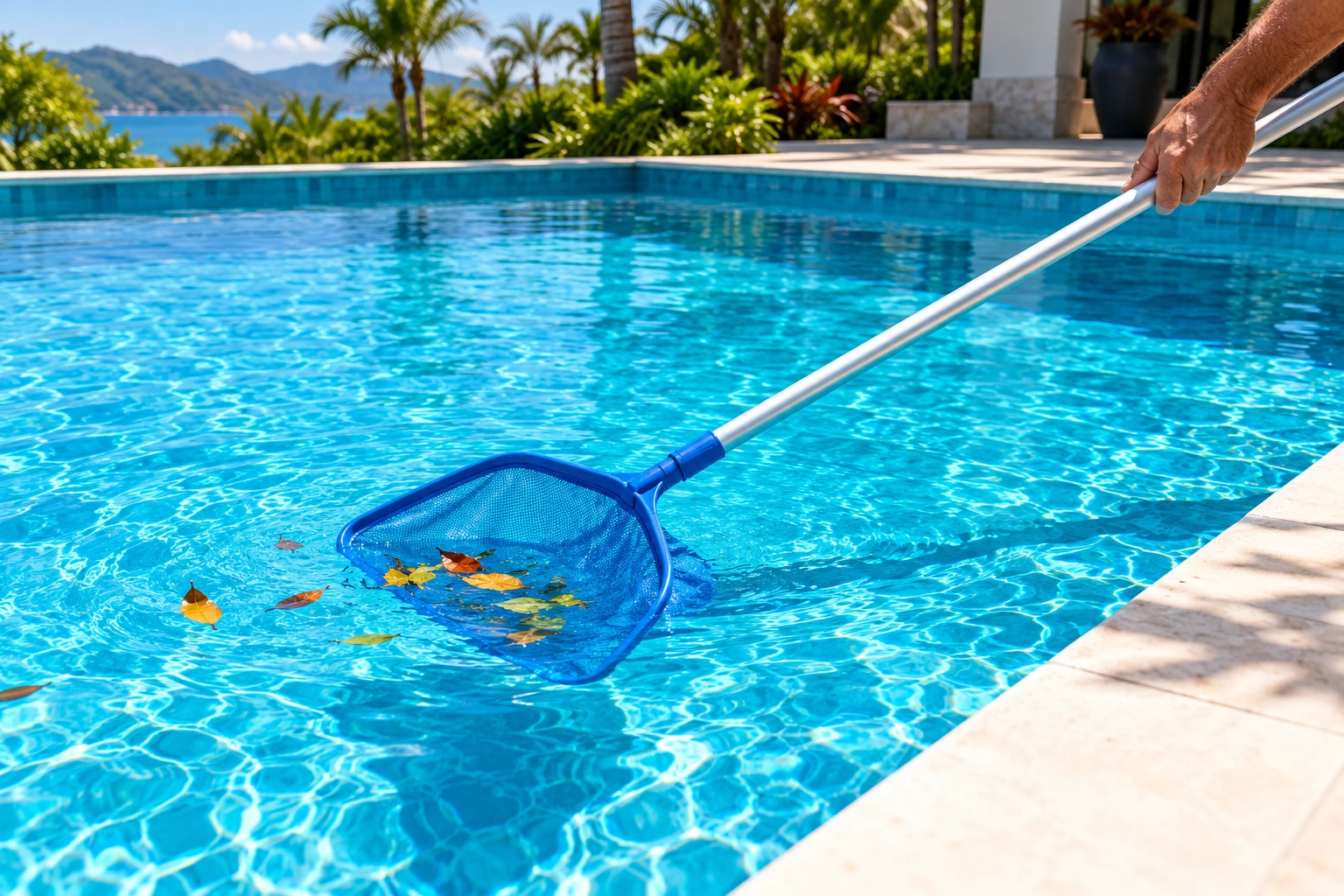 Peneiração da superfície de piscina, imagem ilustrativa