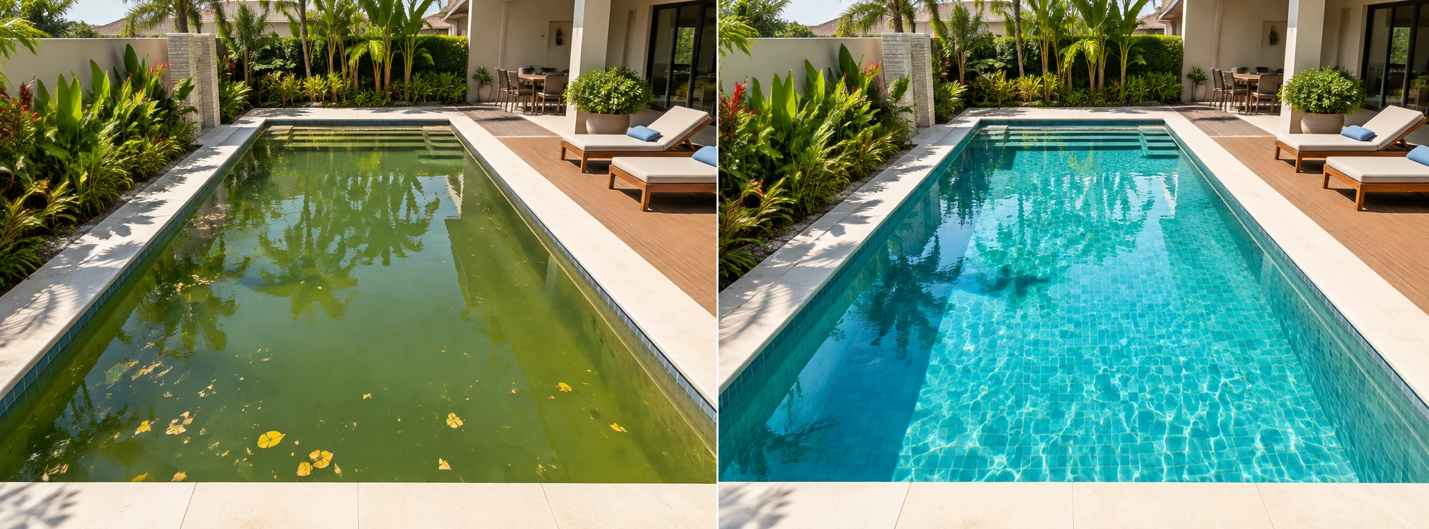 Comparação ilustrativa da mesma piscina com água verde e depois com água cristalina