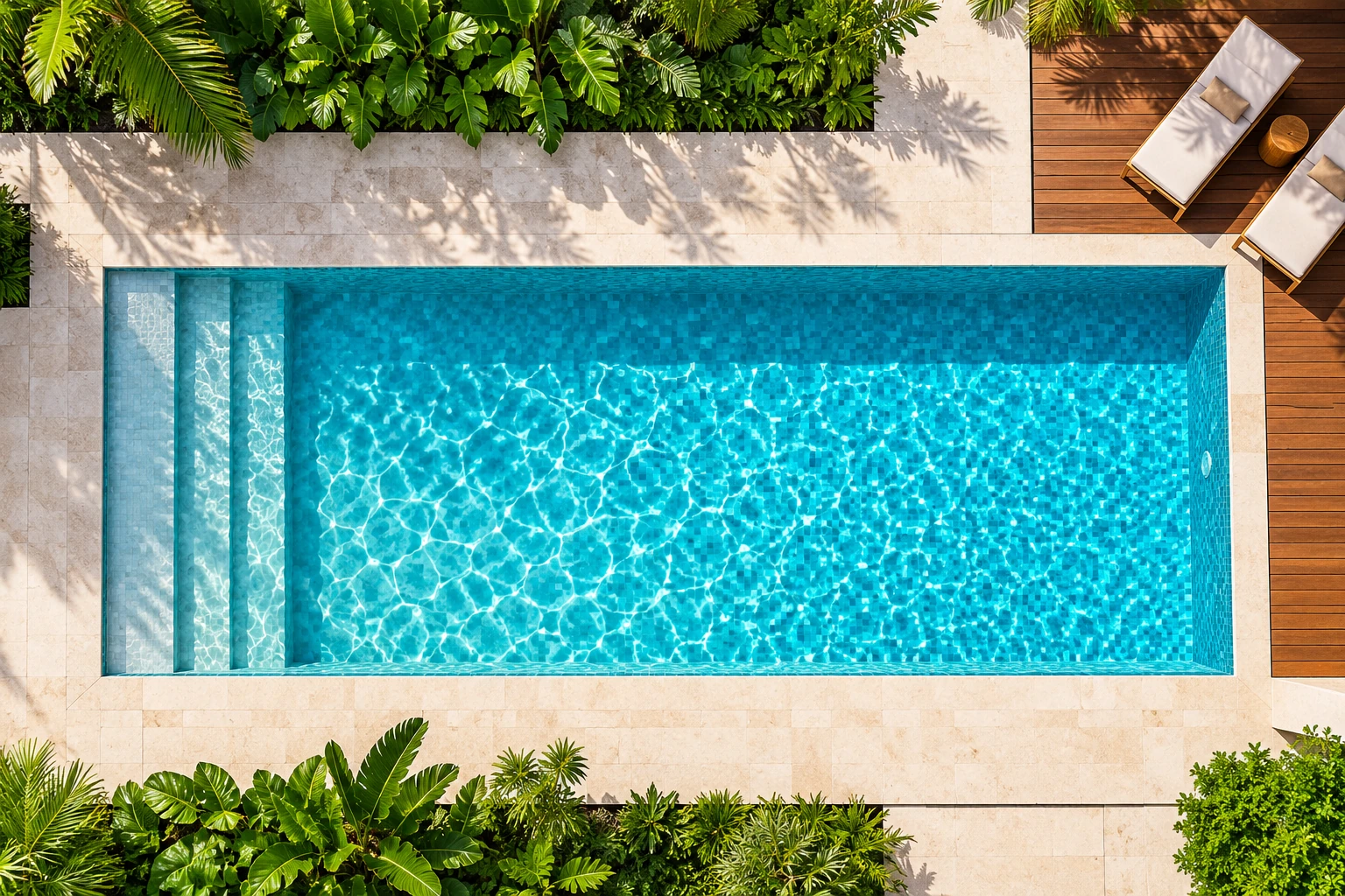 Vista aérea ilustrativa de piscina com água cristalina