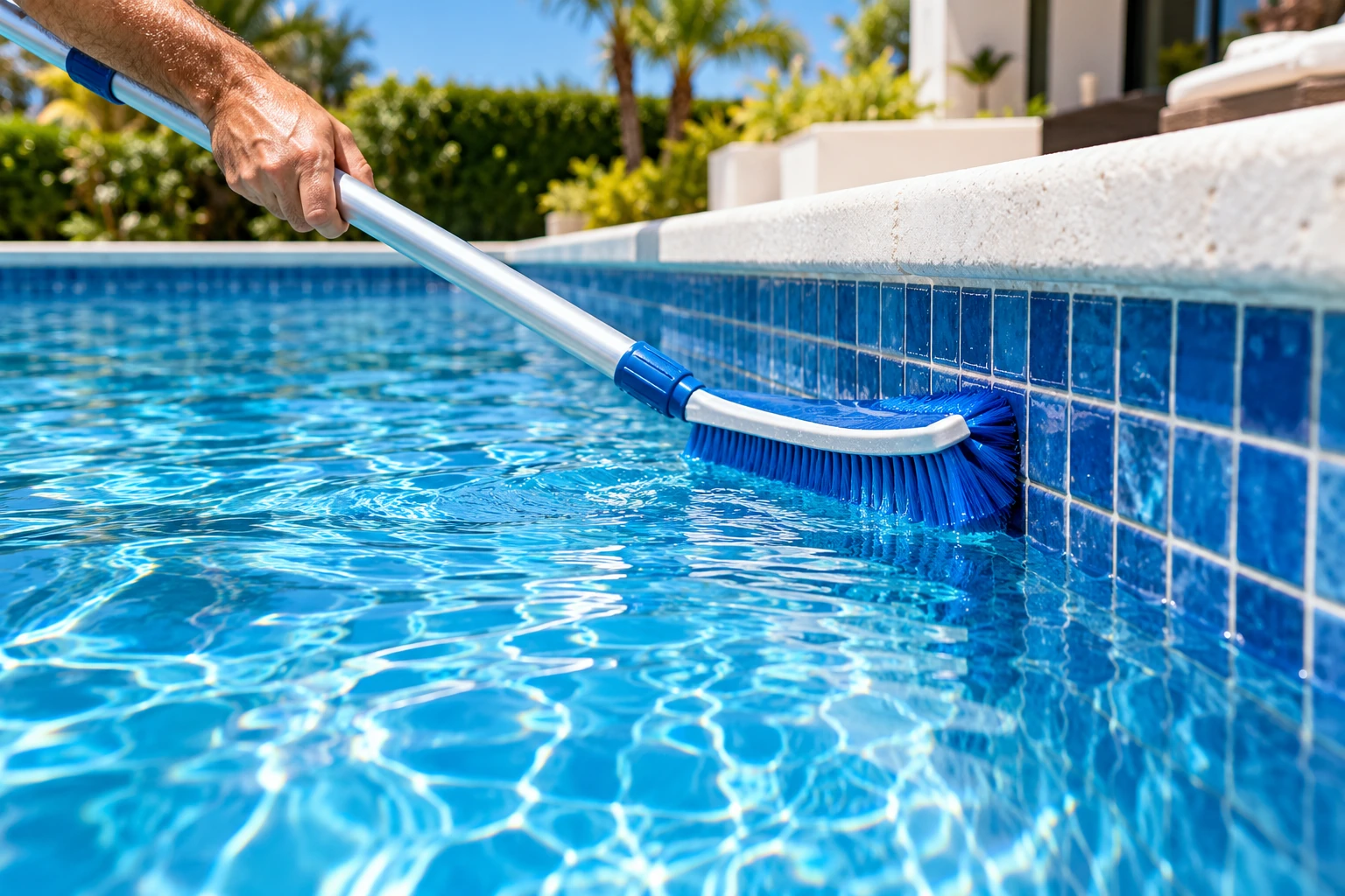 Imagem ilustrativa de escovação da parede de uma piscina