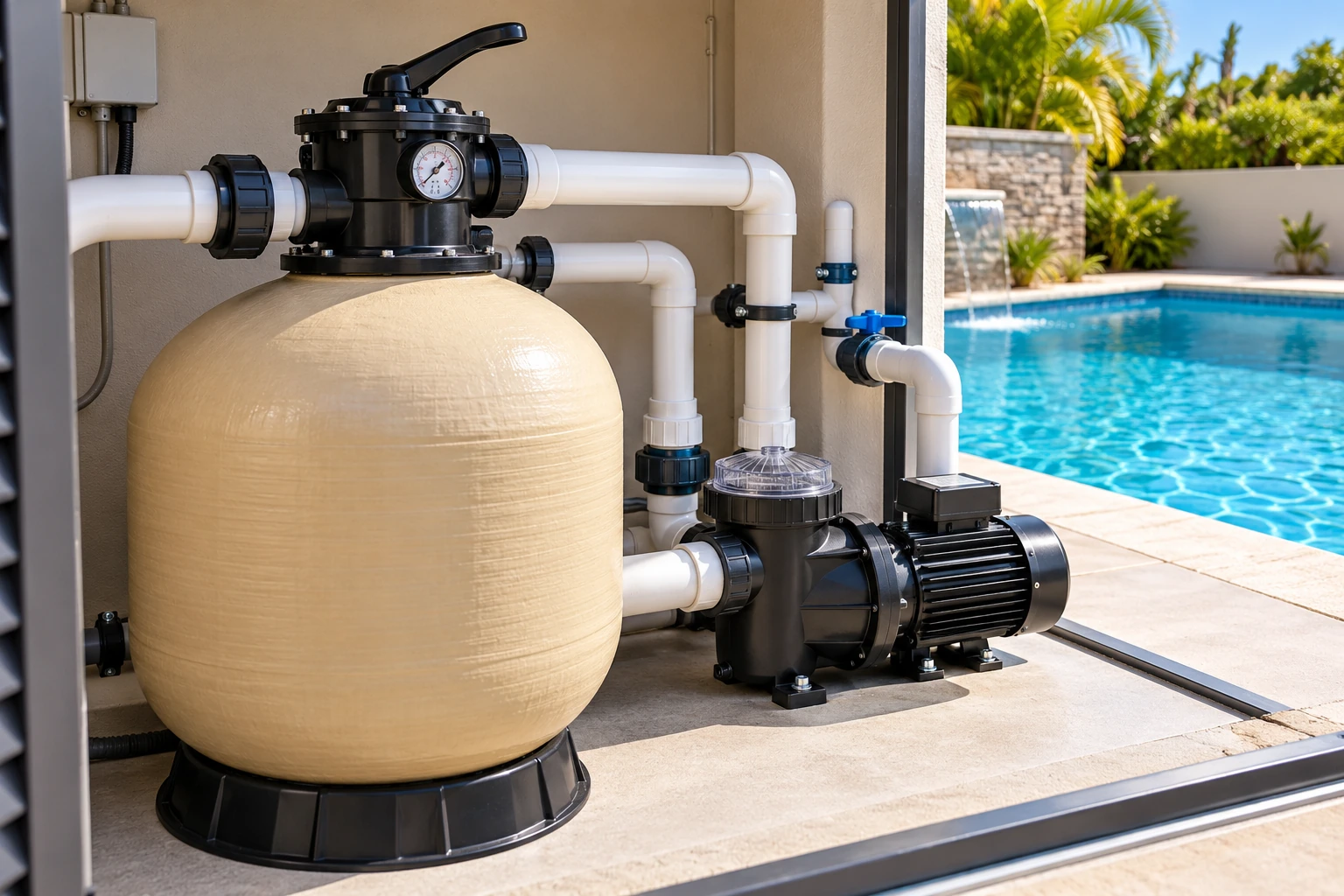Imagem ilustrativa de filtro, bomba e tubulações da piscina